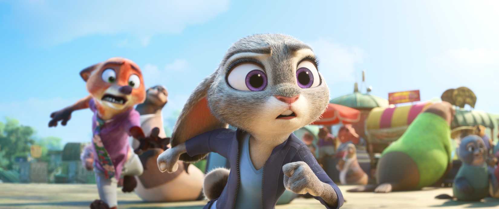 A frantic-looking Nick chases a worried-looking Judy Hopps in Zootopia 2