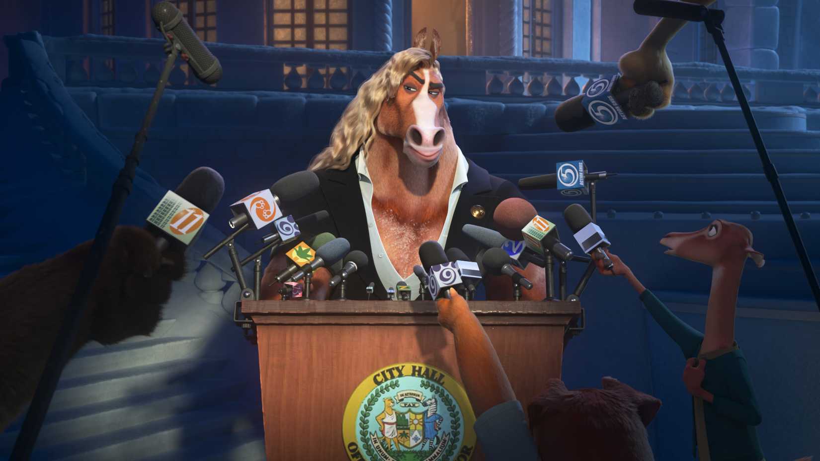 Mayor Winddancer, a buff-looking stallion with a flowing golden mane, holds a press conference in Zootopia 2