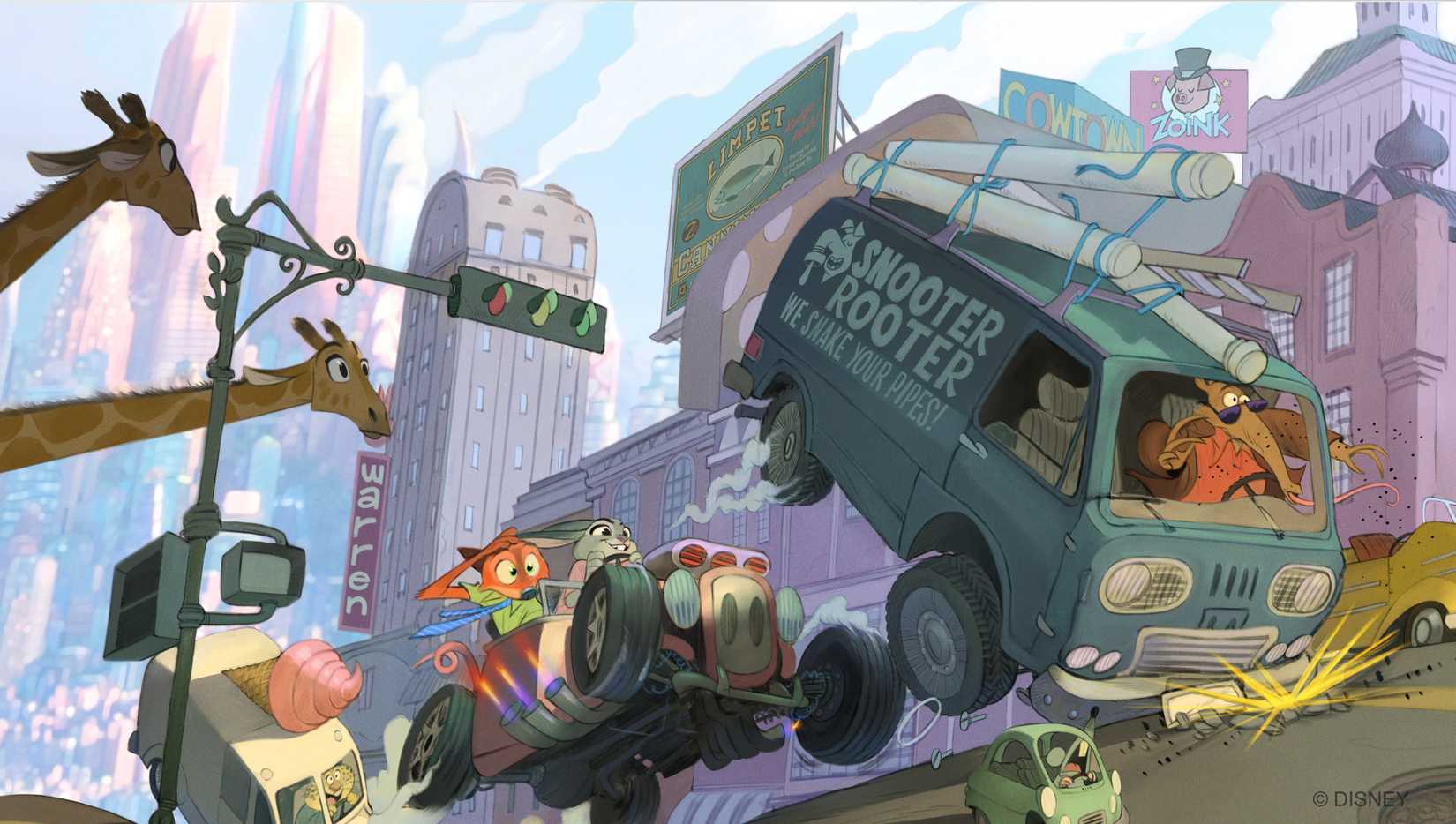 Concept art from Zootopia 2, with Judy and Nick in an old-timey souped-up car, chasing an anteater in a van marked 