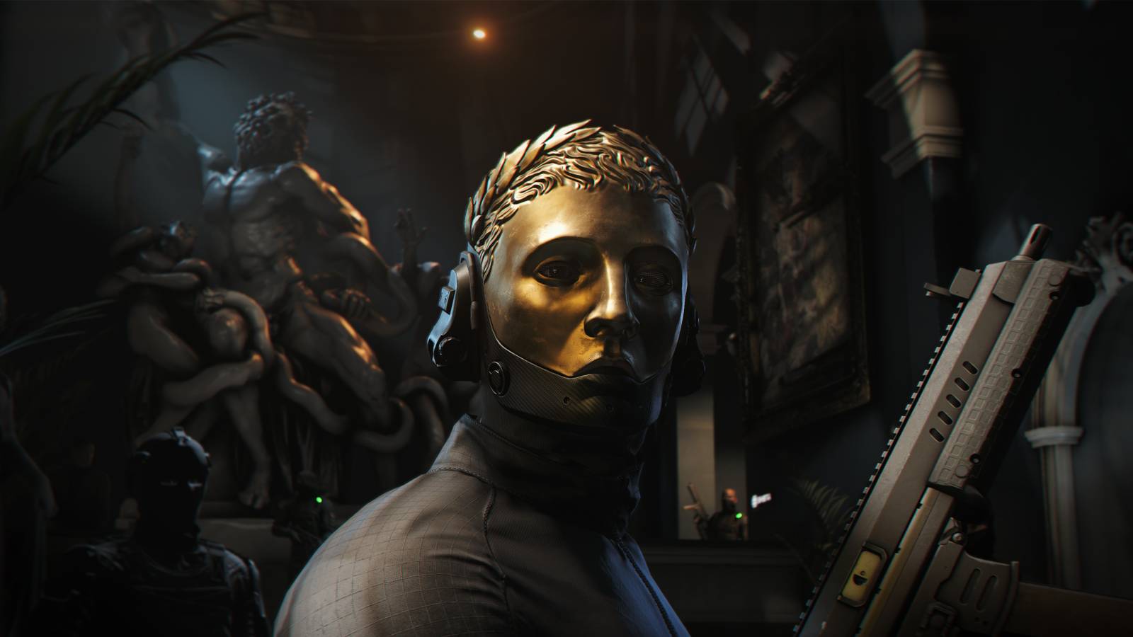 007 First Light character in a golden mask holding a gun.