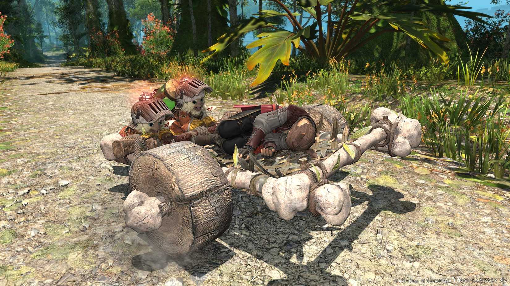 मॉन्स्टर हंटर के दो फेलिनेज़ एक गिरे हुए FFXIV पात्र को लकड़ी और हड्डियों से बनी गाड़ी पर धकेलते हैं।