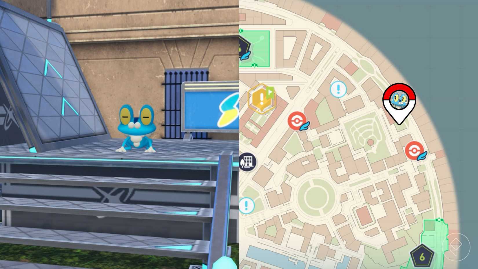 Froakie sitting on top of some scaffolding in Pokémon Legends: Z-A.