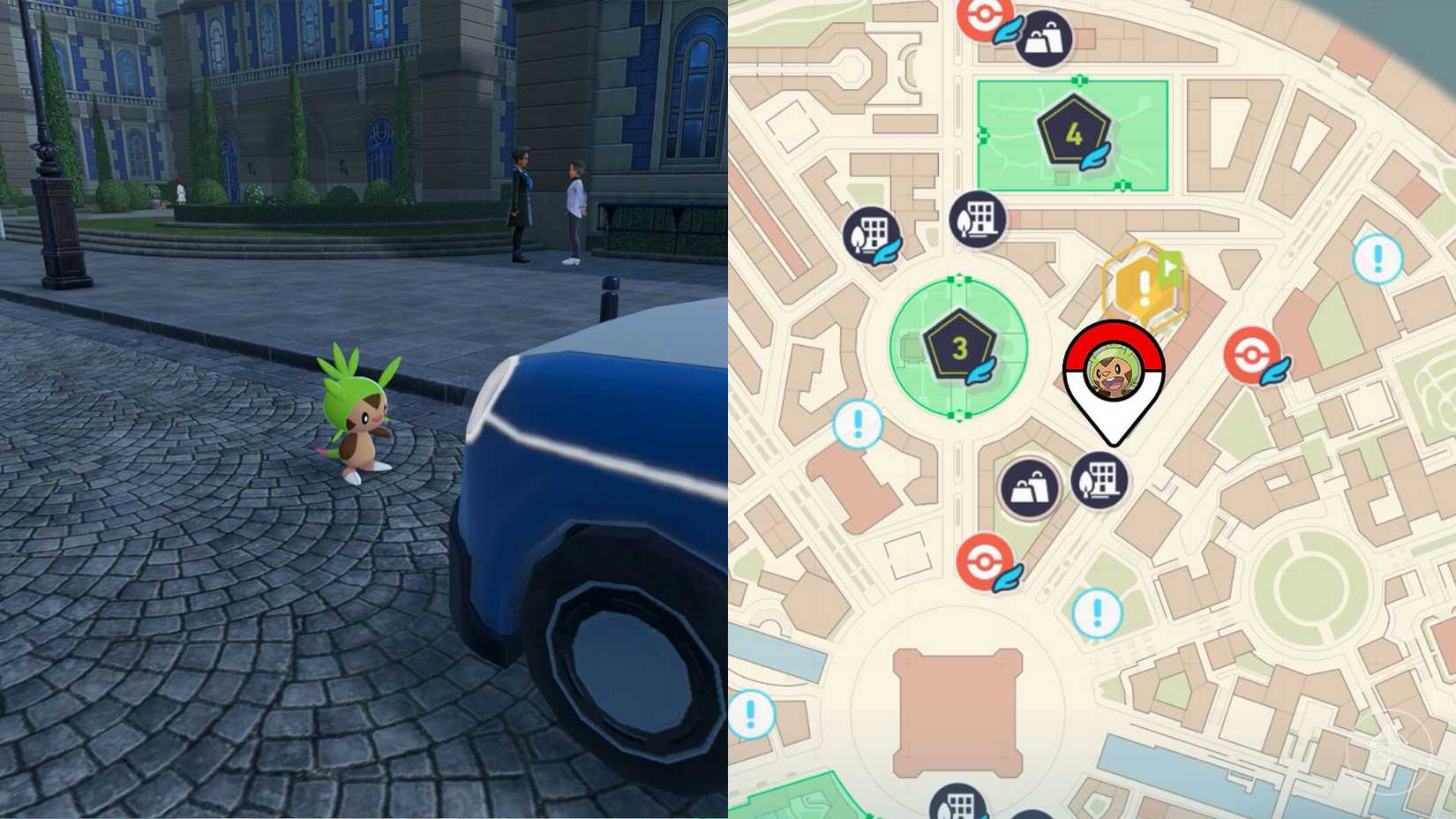 Chespin standing in front of a taxi cab in Pokémon Legends: Z-A.