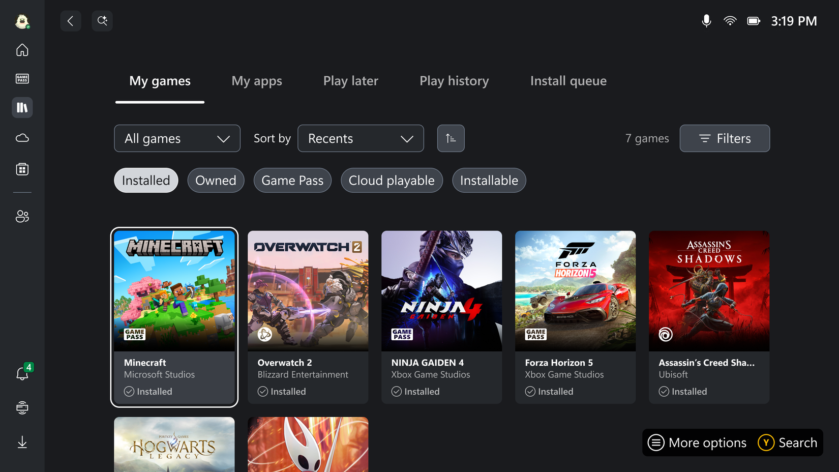 The game library UI for the Xbox full screen experience on the ROG Xbox Ally
