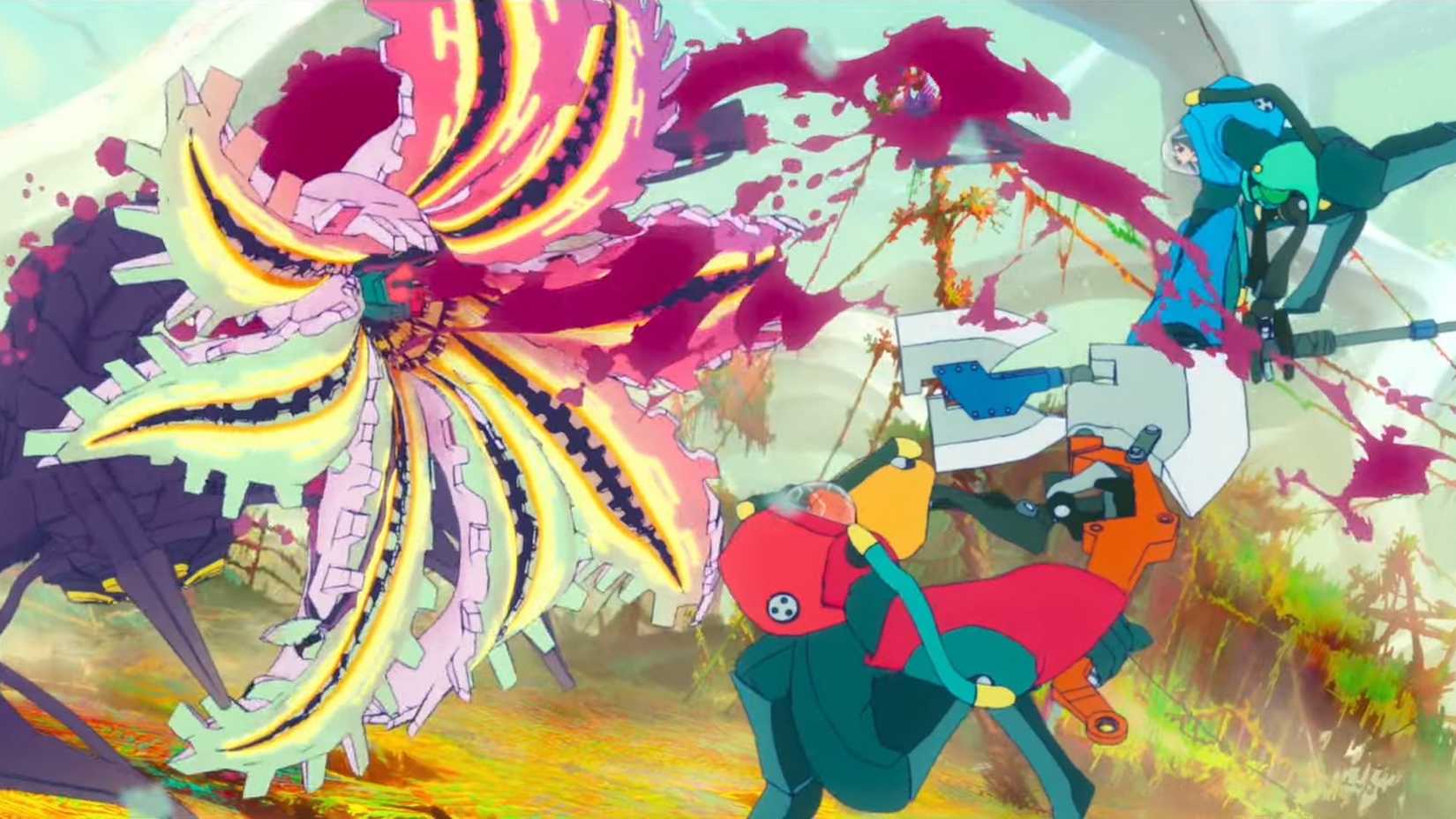 A still from All You Need Is Kill anime movie, featuring Rita and Keiji attacking an alien