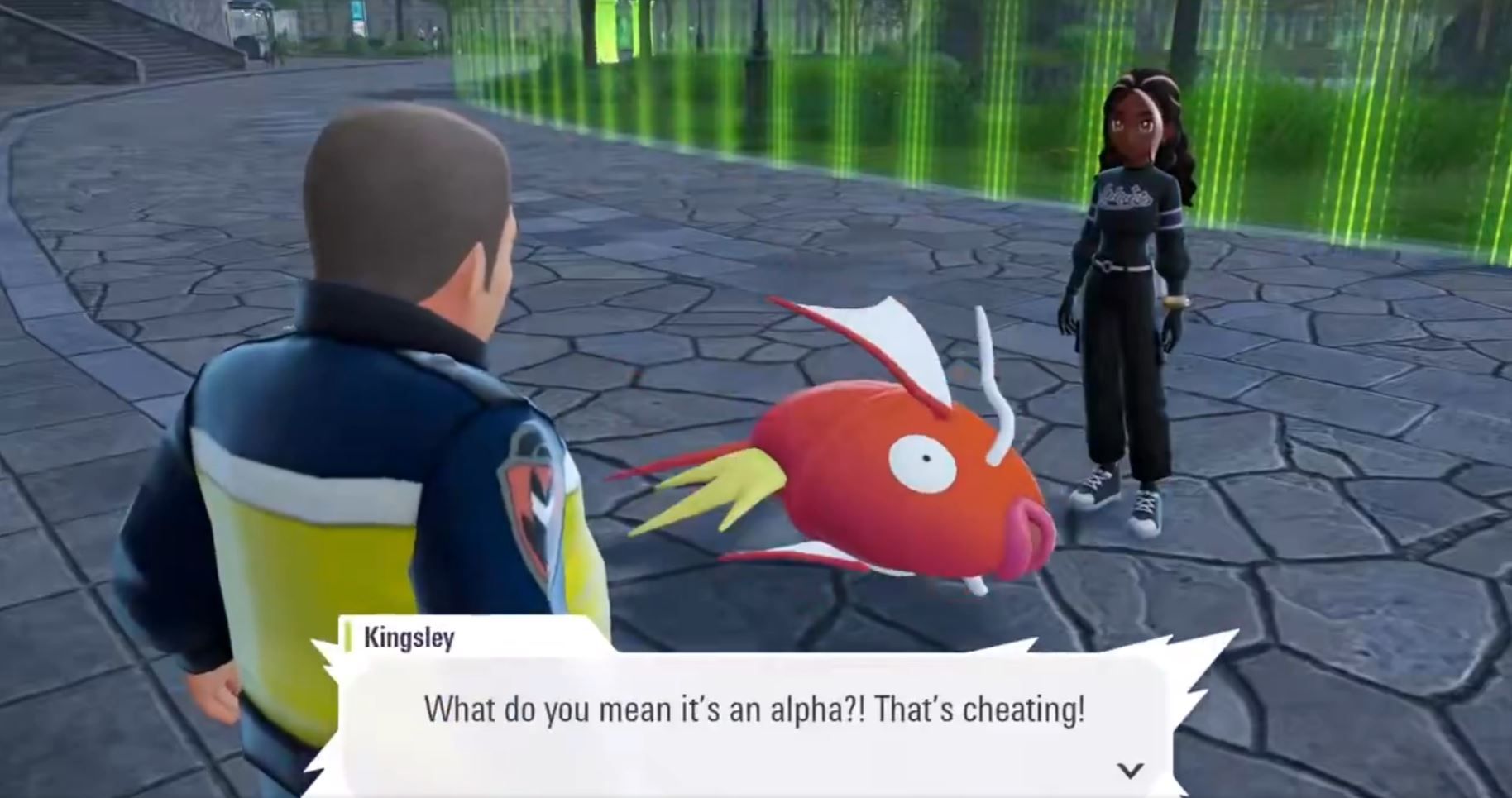 An NPC in Pokemon Legends: Z-A remarks on an alpha Magikarp, which is bigger and deadlier than normal variants. 