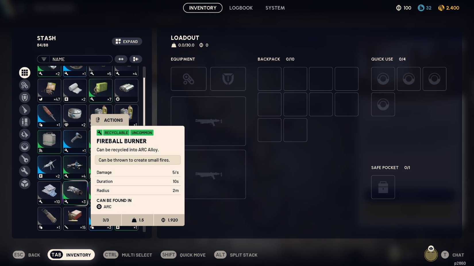 A Fireball Burner in the inventory in Arc Raiders.