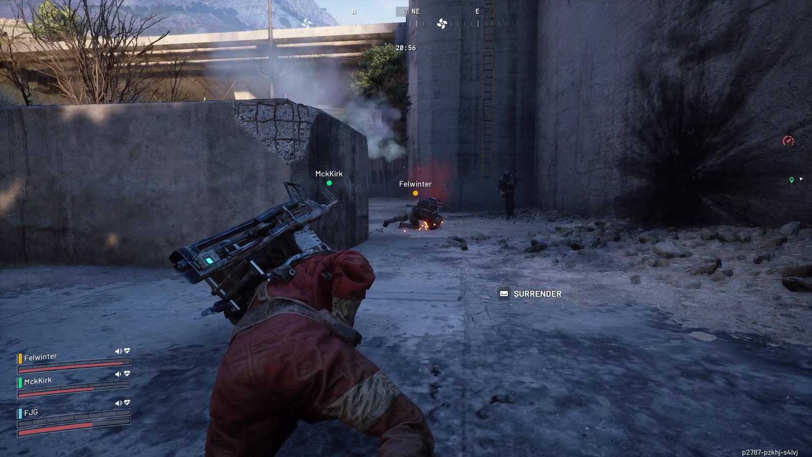 The player character crawling on the floor in Arc Raiders after being downed, with a hostile player about to shoot their downed ally next to a concrete block.