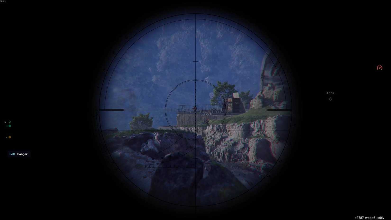A view through the scope of a sniper rifle, aiming at two enemy players from a ridge.