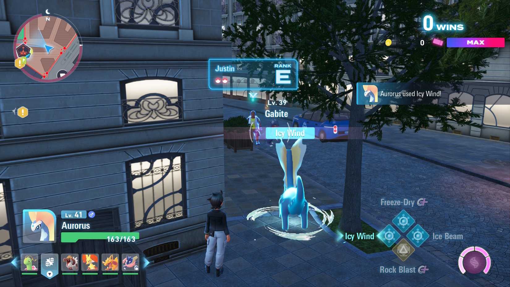 Aurorus 在 Pokemon Legends ZA 對戰區中攻擊 Garchomp