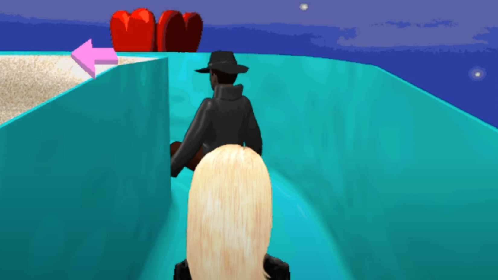 Barbie follows a mysterious figure in a trench coat and hat down a giant slide.