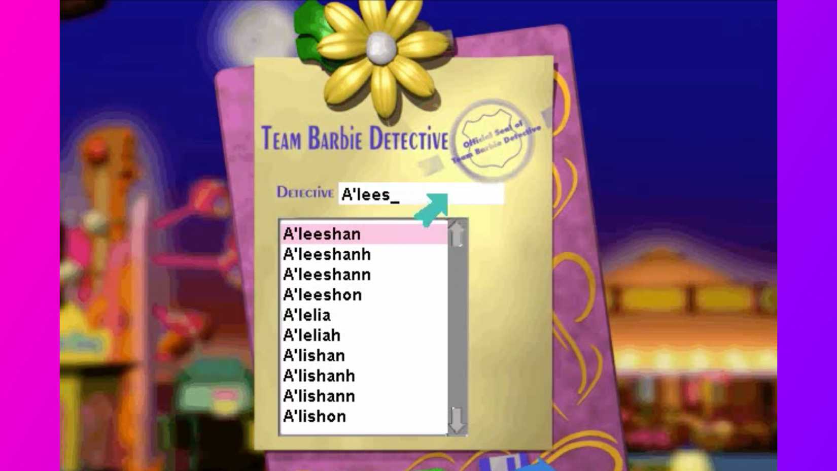 The game's name selection page, featuring thousands and thousands of feminine names which Barbie can say out loud.