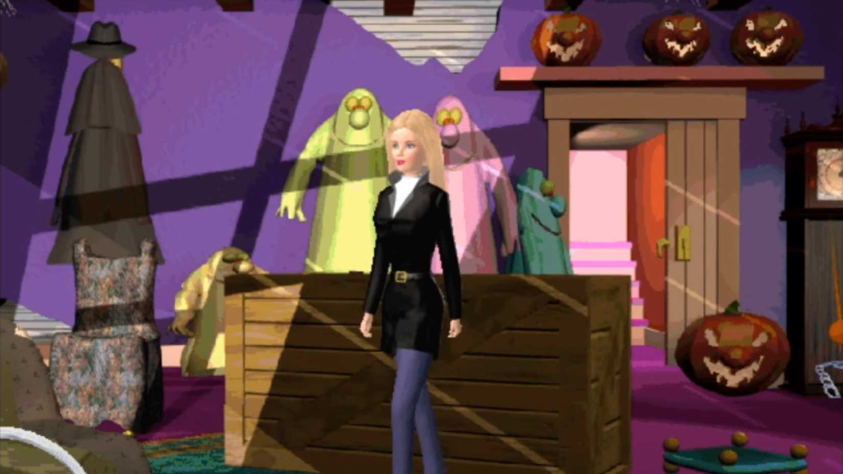 Barbie explores a storage room full of Halloween decor.