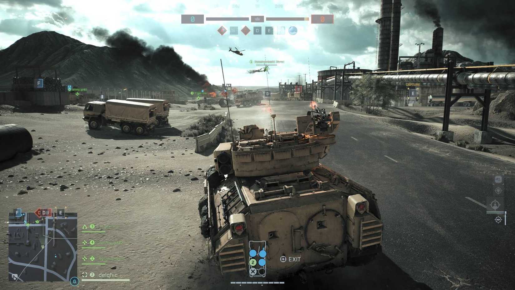 The player in a tank on Operation Firestorm in Battlefield 6 with a helicopter in the sky in the distance.