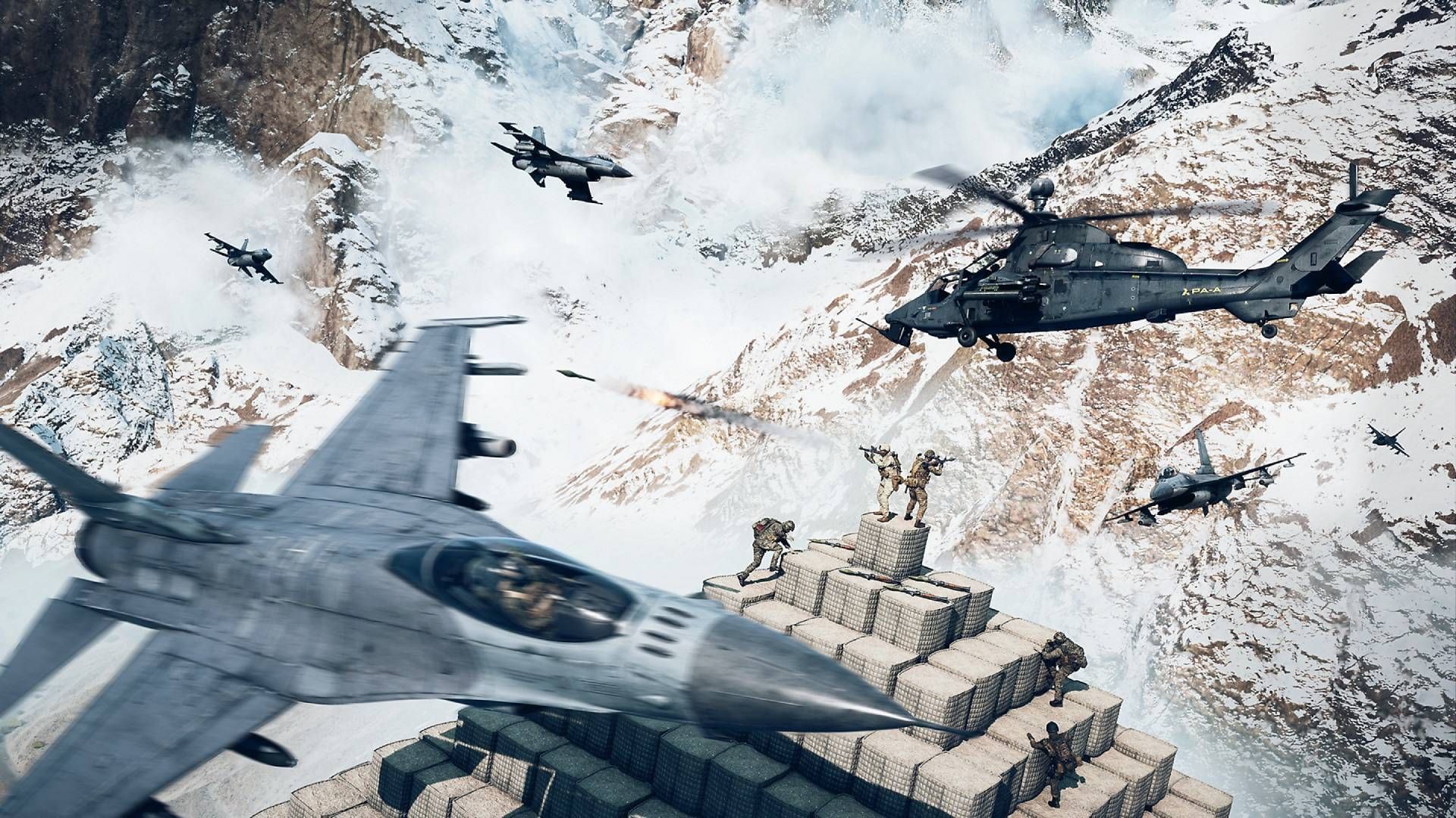 Four jets and a helicopter flying past snowy terrain while soldiers duke it out atop a tower of sandbags.