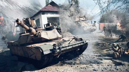 Một chiếc xe tăng trong Battlefield 6 với binh lính cúi người gần đó trên đường trong khi một chiếc xe tăng khác đâm xuyên qua tòa nhà