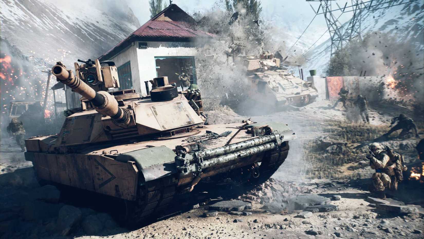 A tank in Battlefield 6 with soldiers crouched near it