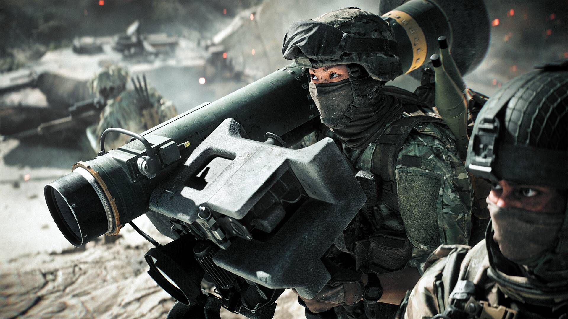 A soldier in Battlefield 6 holding an anti-air missile launcher.