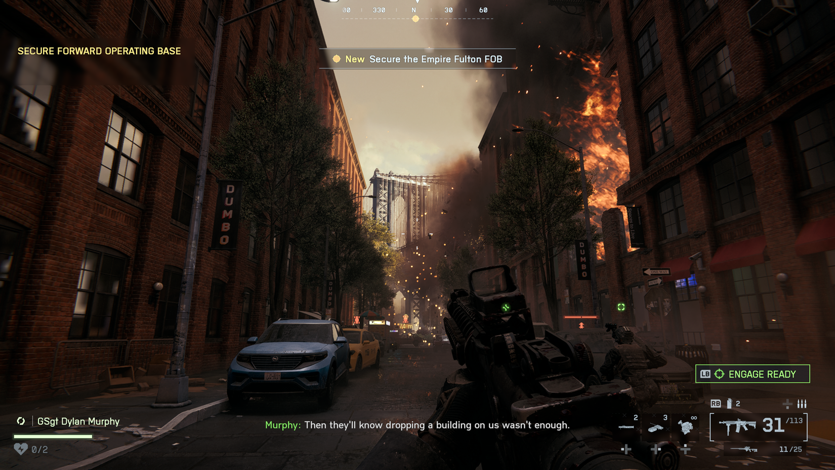 A soldier marches through war torn Dumbo in Battlefield 6.