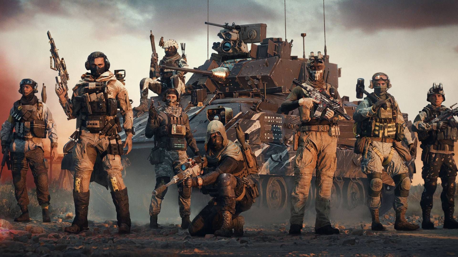 A squad of Battlefield 6 soldiers standing in front of a tank, all equipped with weapons.