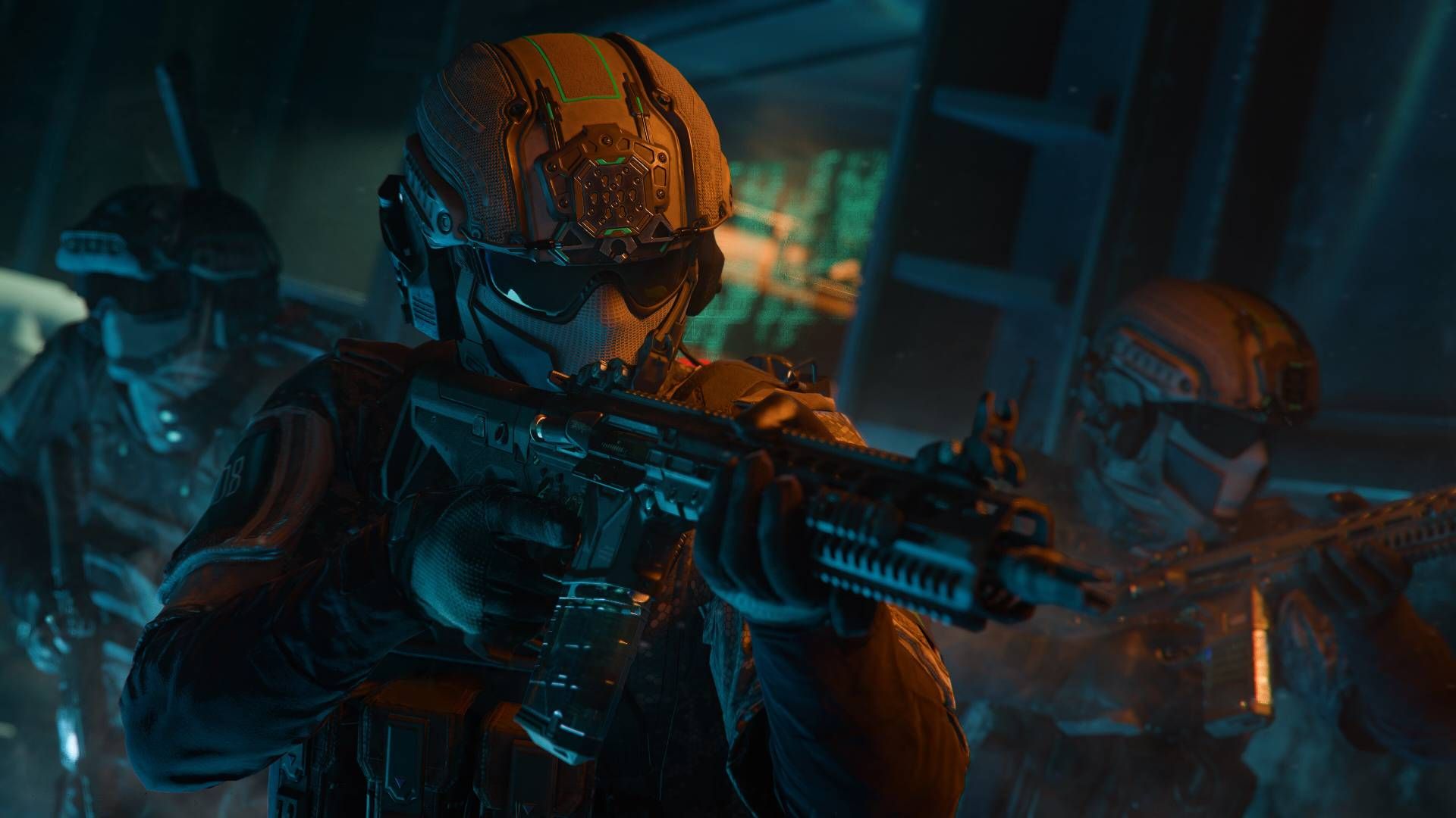 A masked, helmeted soldier in BLack Ops 7 aiming past the camera with an assault rifle and two teammates in the background.