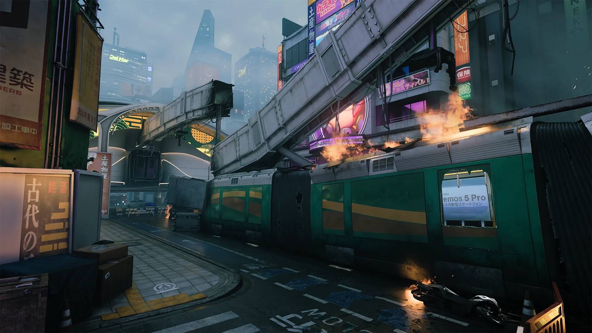 A wrecked monorail lying in the road on Toshin, the new Black Ops 7 beta map.