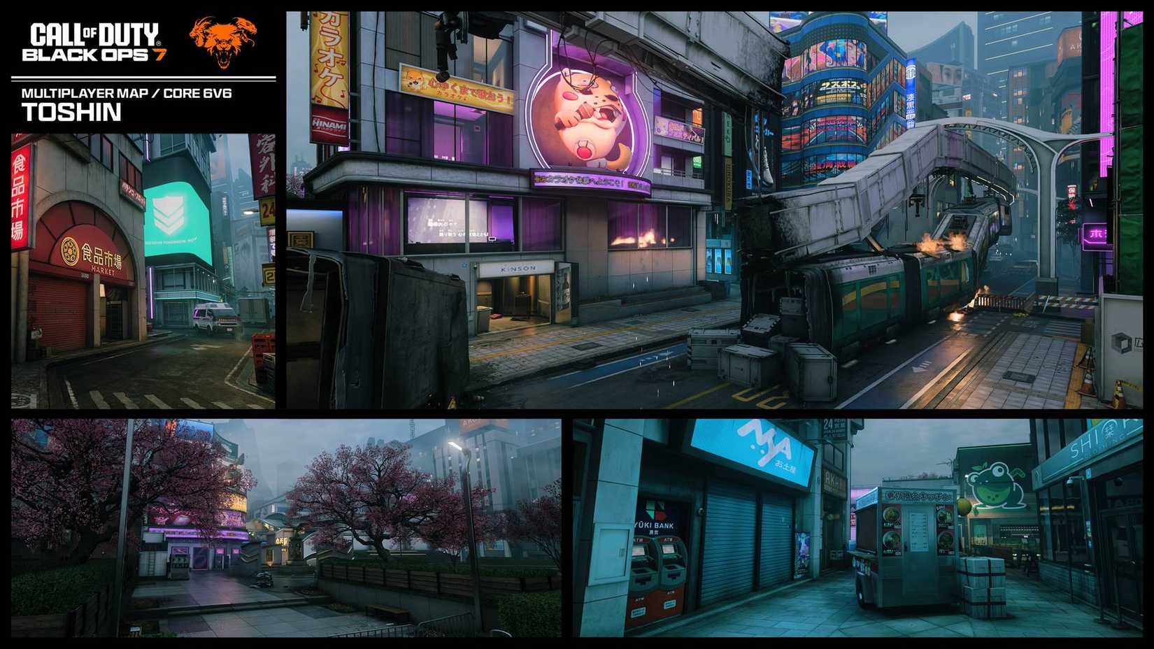 Screenshots from Toshin map showing a damaged monorail and neon-lit shopping district