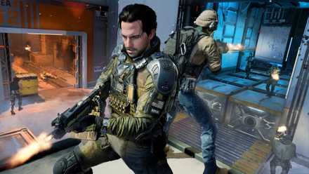 Two Black Ops 7 soldiers stood atop a crate on the map Imprint, backs to each other, shooting at enemies below.