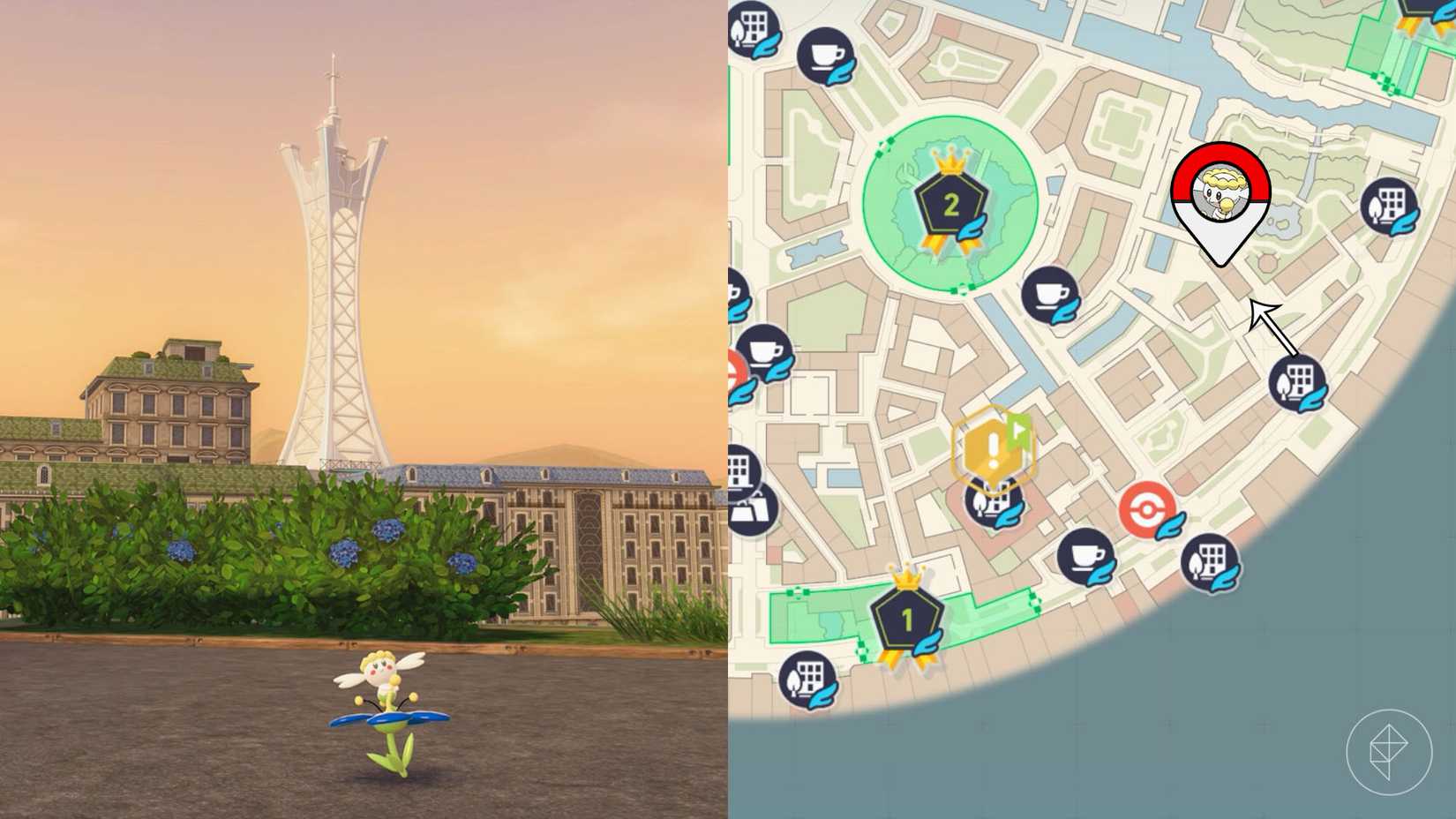 The blue Flabebé sits on the roof next to the blue flowers in Pokémon Legends: ZA.