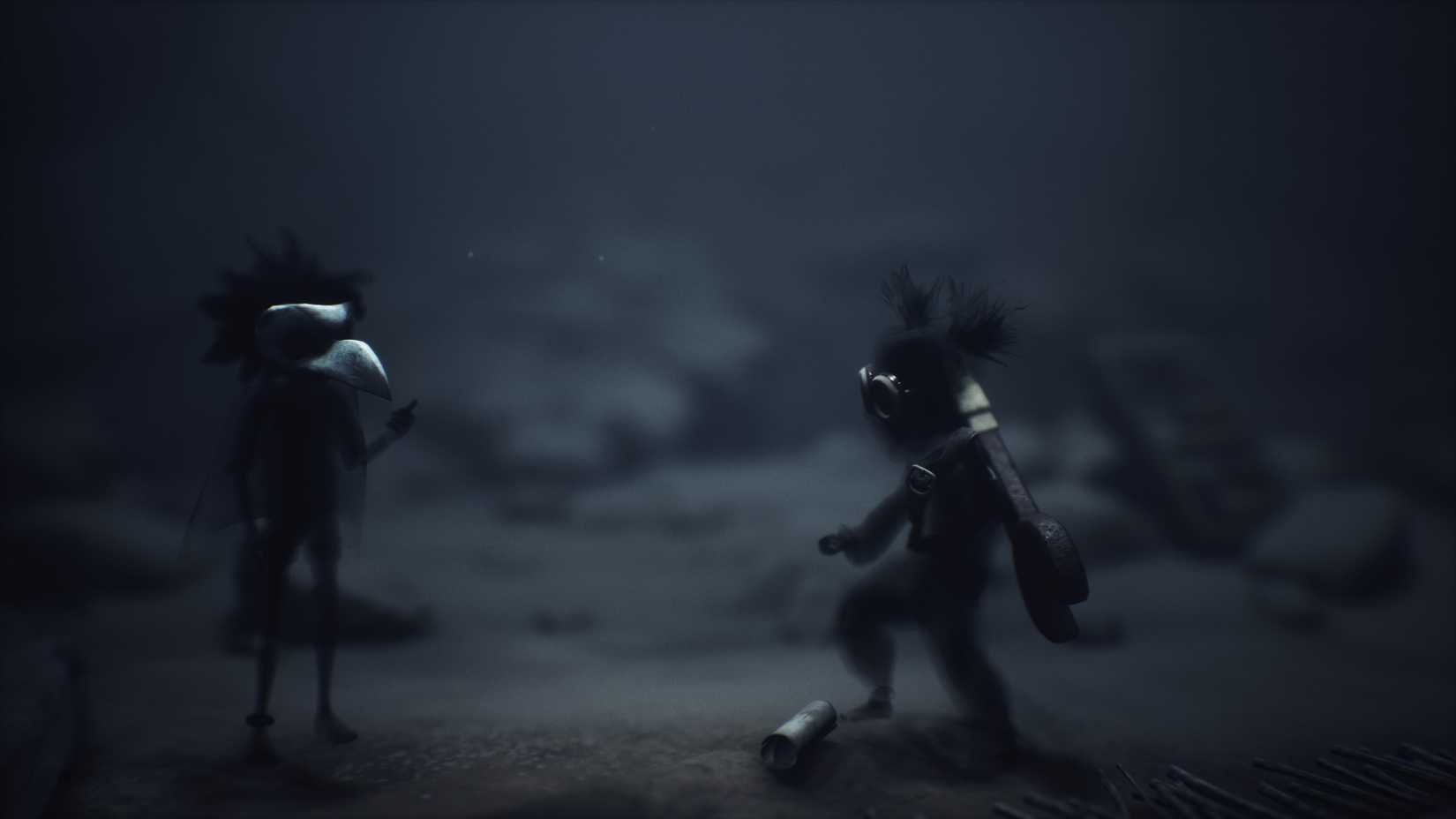 A very blurry, dark cutscene showing Little Nightmares 3's protagonists.