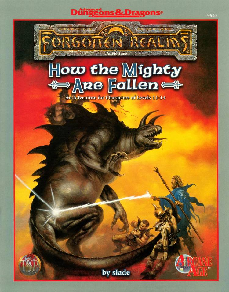 The cover for the AD&D 2e adventure How the Mighty Are Fallen depicting the heroes fighting a Tarrasque