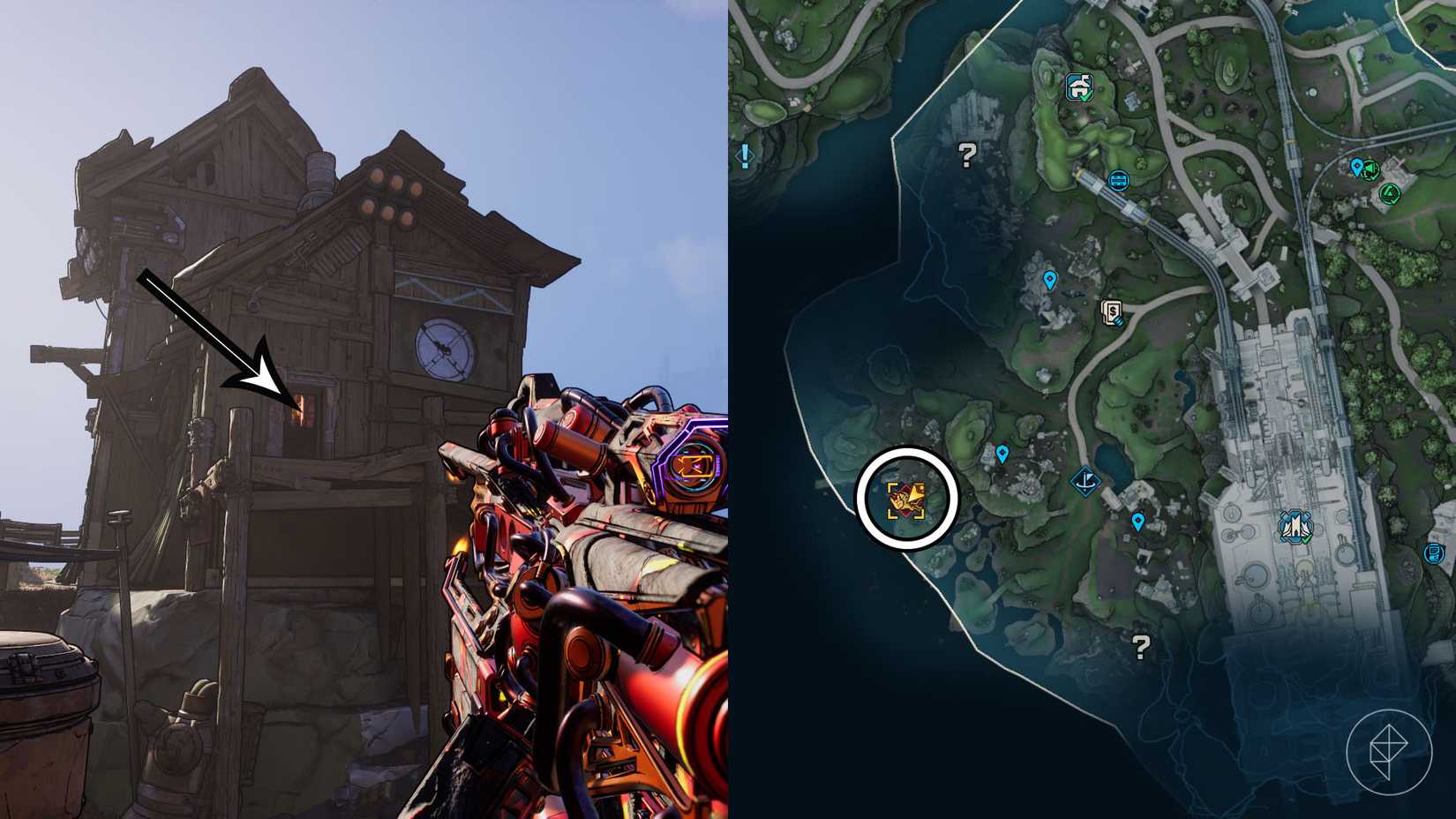 A montage of two Borderlands screenshot showing Maurice's Black Market Vending Machine location on Oct. 2