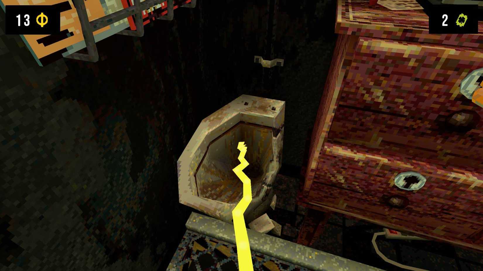 Player in CloverPit relieving themselves at a broken toilet beside some wooden drawers.
