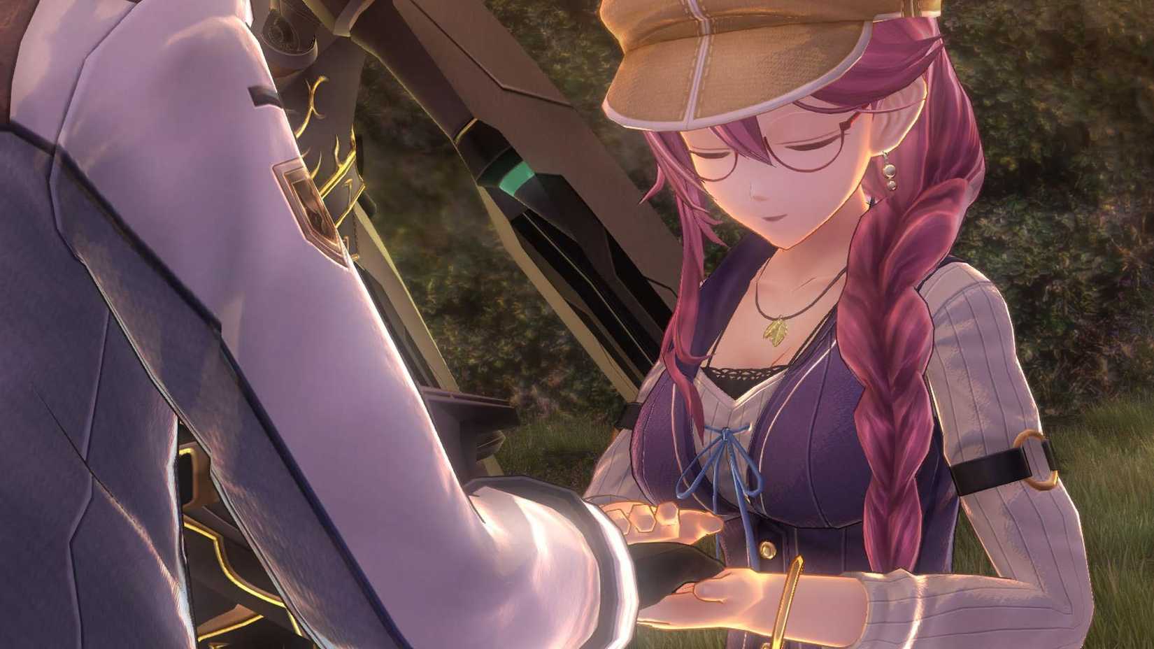 A Trails of Cold Steel 3 screenshot showing Emma Millstein holding Rean's hand. She has her eyes closed and wears glasses and a hat.