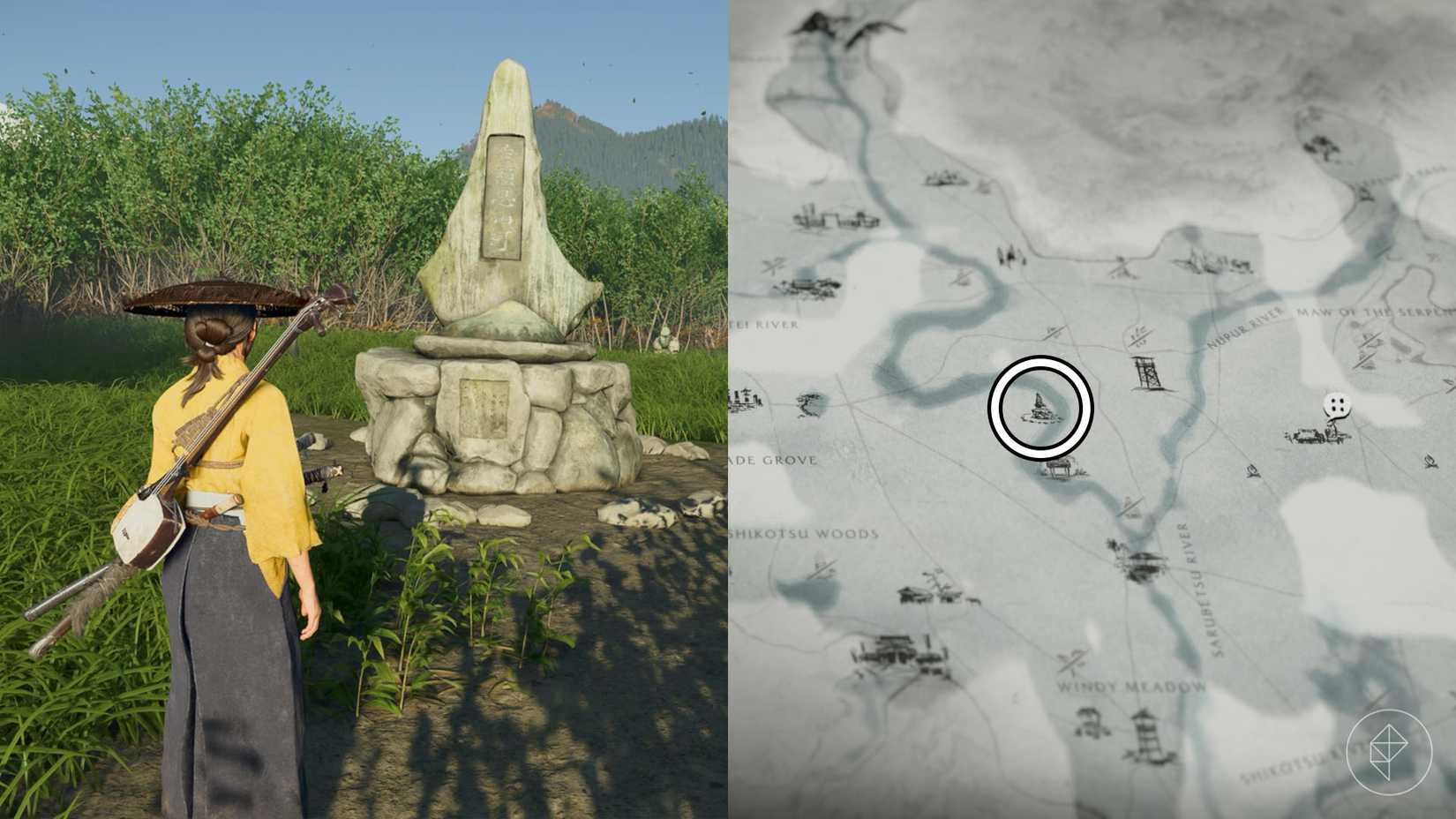 Atsu Yotei के भूत में साहस के अवशेष के सामने खड़ा है।