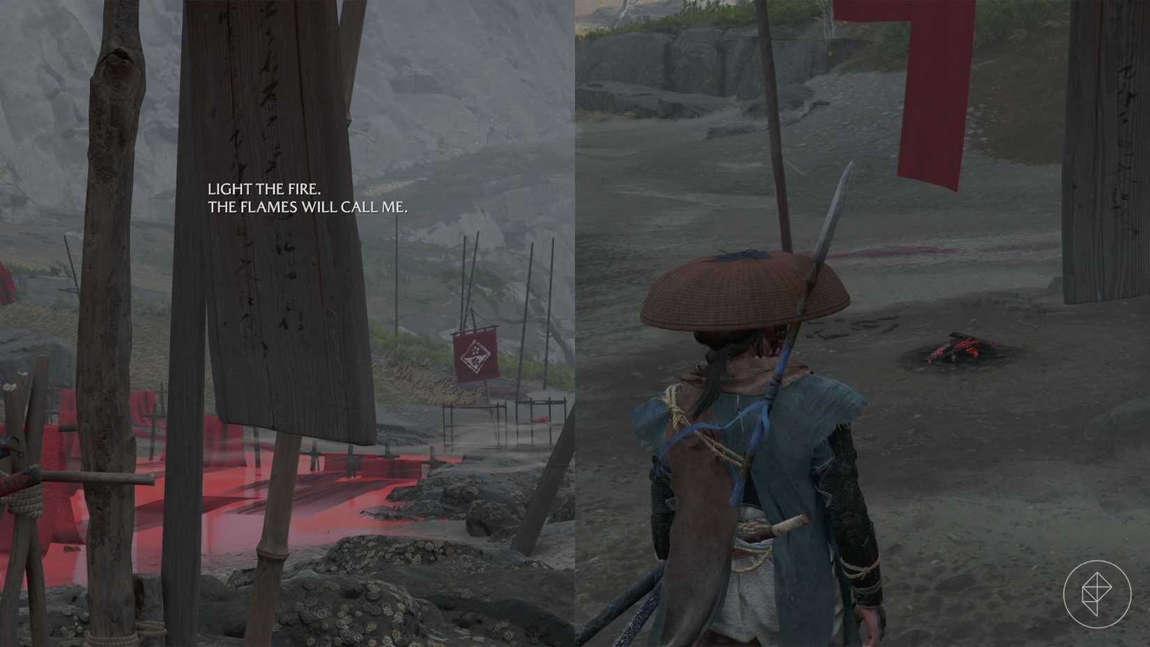 A placa na Praia Crimson Dye junto com a fogueira ao lado em Ghost of Yotei.