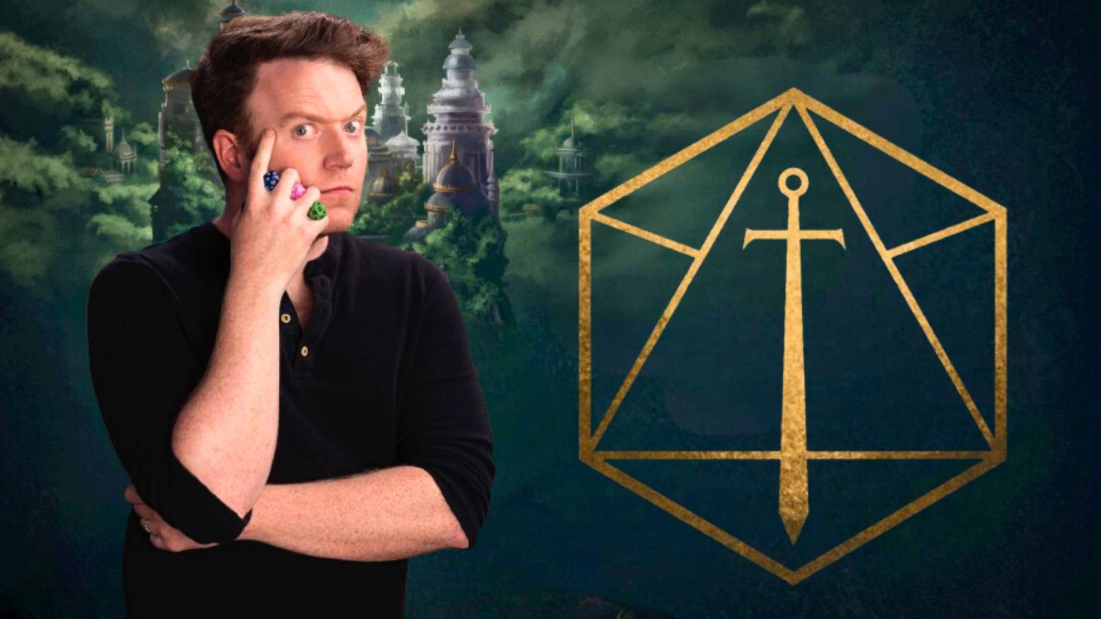 Brennan Lee Mulligan over a key screenshot from Critical Role Campaign 4