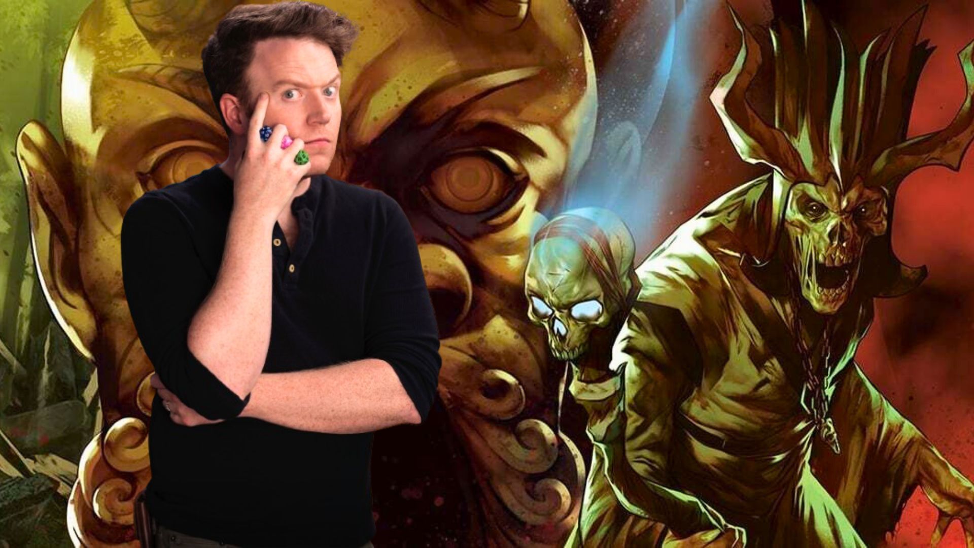 An image featuring Brennan Lee Mulligan on top of art from Tomb of Annihilation. 