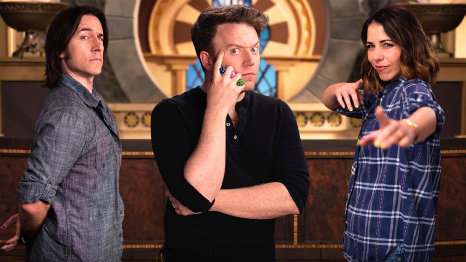 Graphic showing Critical Role cast members Laura Bailey and Matthew Mercer with Dungeon Master Brennan Lee Mulligan at the center.