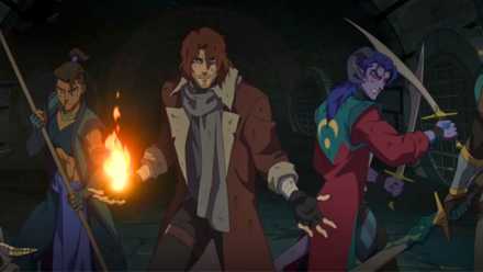 A screenshot from Prime Video's The Mighty Nein, featuring characters Beau, Caleb and Mollymauk.