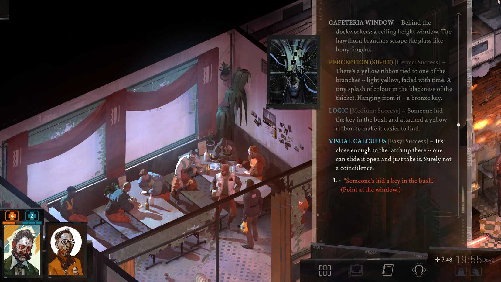Harry gaining more insight into a hidden key using Visual Calculus in Disco Elysium