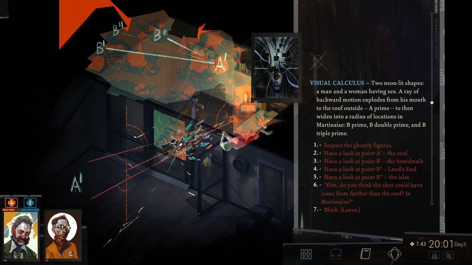 Harry usando cálculo visual para determinar os pontos de origem de um tiro em Disco Elysium