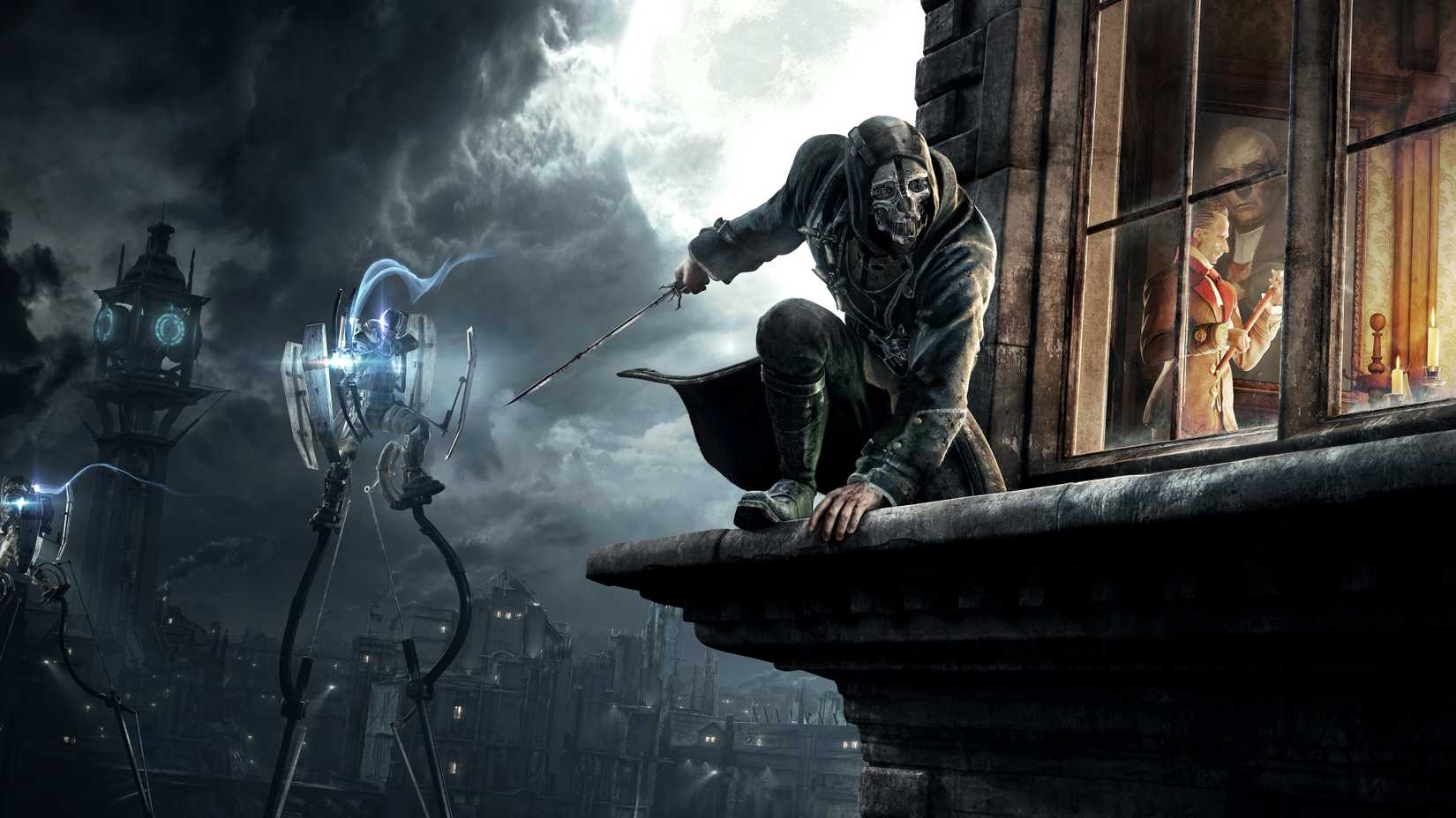 Corvo stands outside a mansion in key art for Dishonored