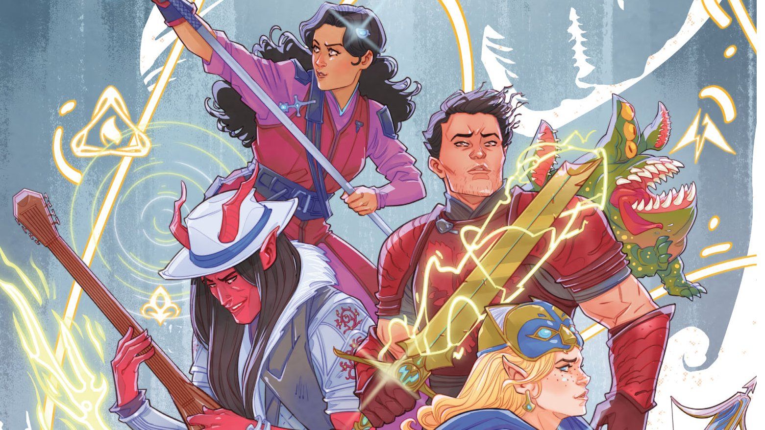 The D&D party from Dungeons & Dragons: The Fallbacks, brandishing weapons and surrounded by magical auras, from the cover of issue #1