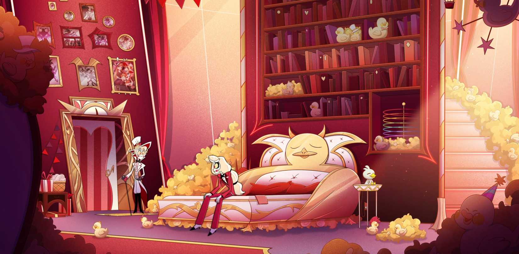 Fallen angel Lucifer Morningstar and his daughter Charlie in Lucifer's bedroom, which features a plush bed with a duck backboard, huge heaps of rubber ducks in every corner, duck knickknacks on bookshelves, and a duck mobile