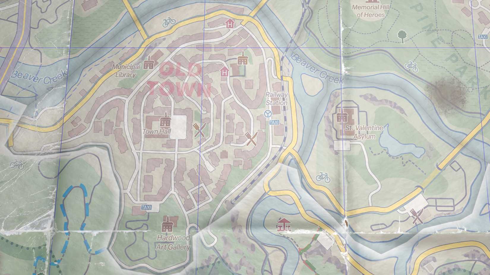 The map of Old Town and the Asylum in Dying Light: The Beast.