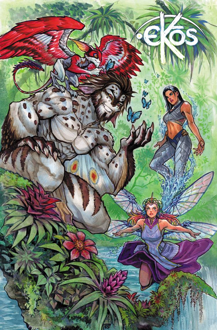 Grell, Aspen, and Grace in a forest scene on an Ekos cover