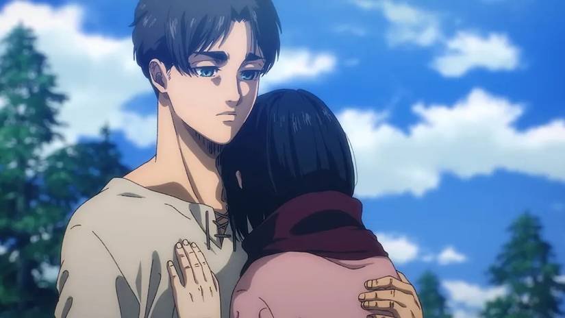 Eren holding Mikasa in another life from Attack on Titan Part 3