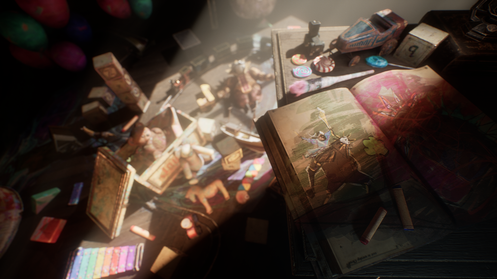 Artwork teasing a free update for Clair Obscur: Expedition 33 — children's toys scattered on a hardwood floor