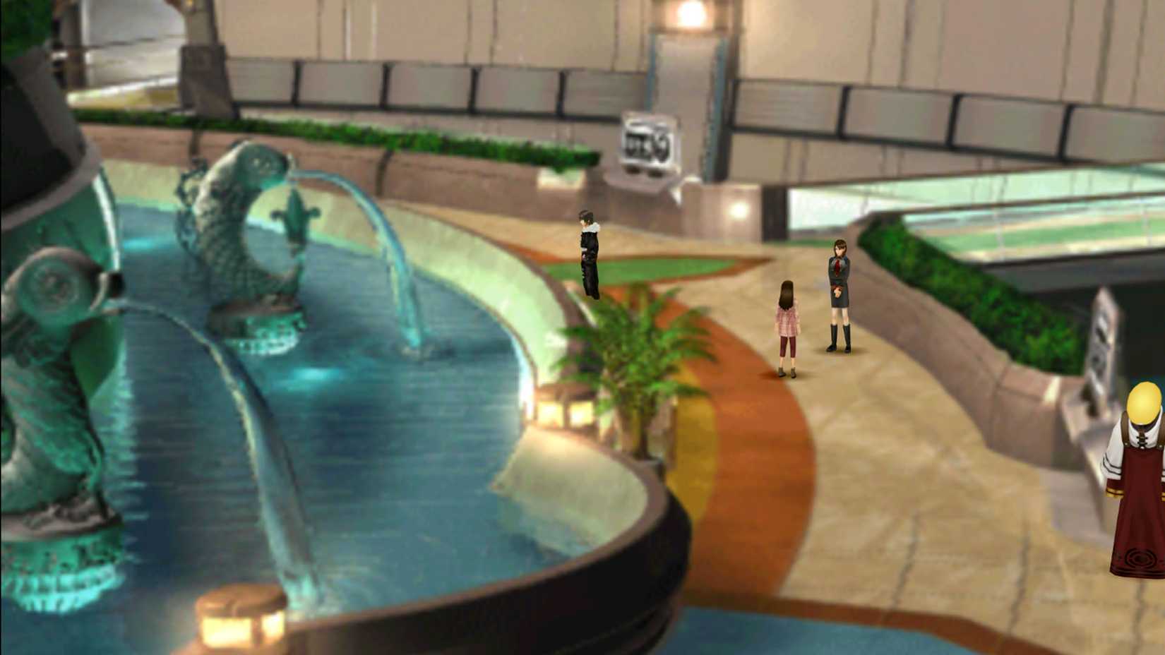A Final Fantasy 8 screenshot showing Squall loooking at the fish statue in Balamb Garden